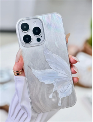 Iphone 14 Promax Uyumlu Shine Platin Kelebek Baskı Renk Geçişli Tasarımlı Silikon Kılıf