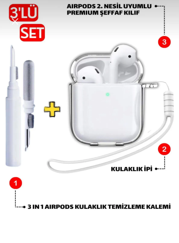  Airpods 1. NESİL VE 2. NESİL Uyumlu 3 in 1 Temizleme Aparatlı Set Kalın Koruyucu Silikon Kılıf