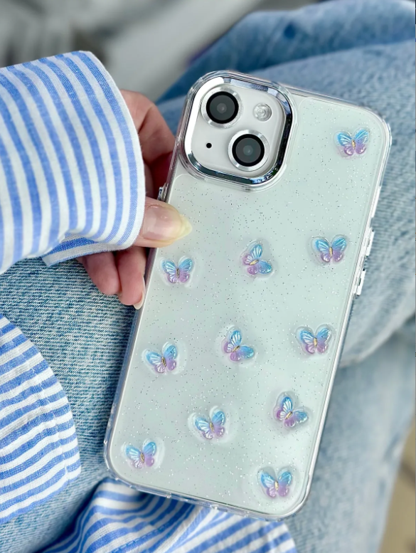  Apple Iphone 13 - 14 - 15 Uyumlu 3d Mini Kelebek Epoksili Silikon Telefon Kılıfı