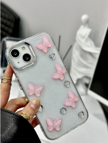  Apple Iphone 13 - 14 - 15 Uyumlu 3d Oyuncaklı Şeffaf Simli Pembe Kelebek Epoksili Telefon Kılıfı