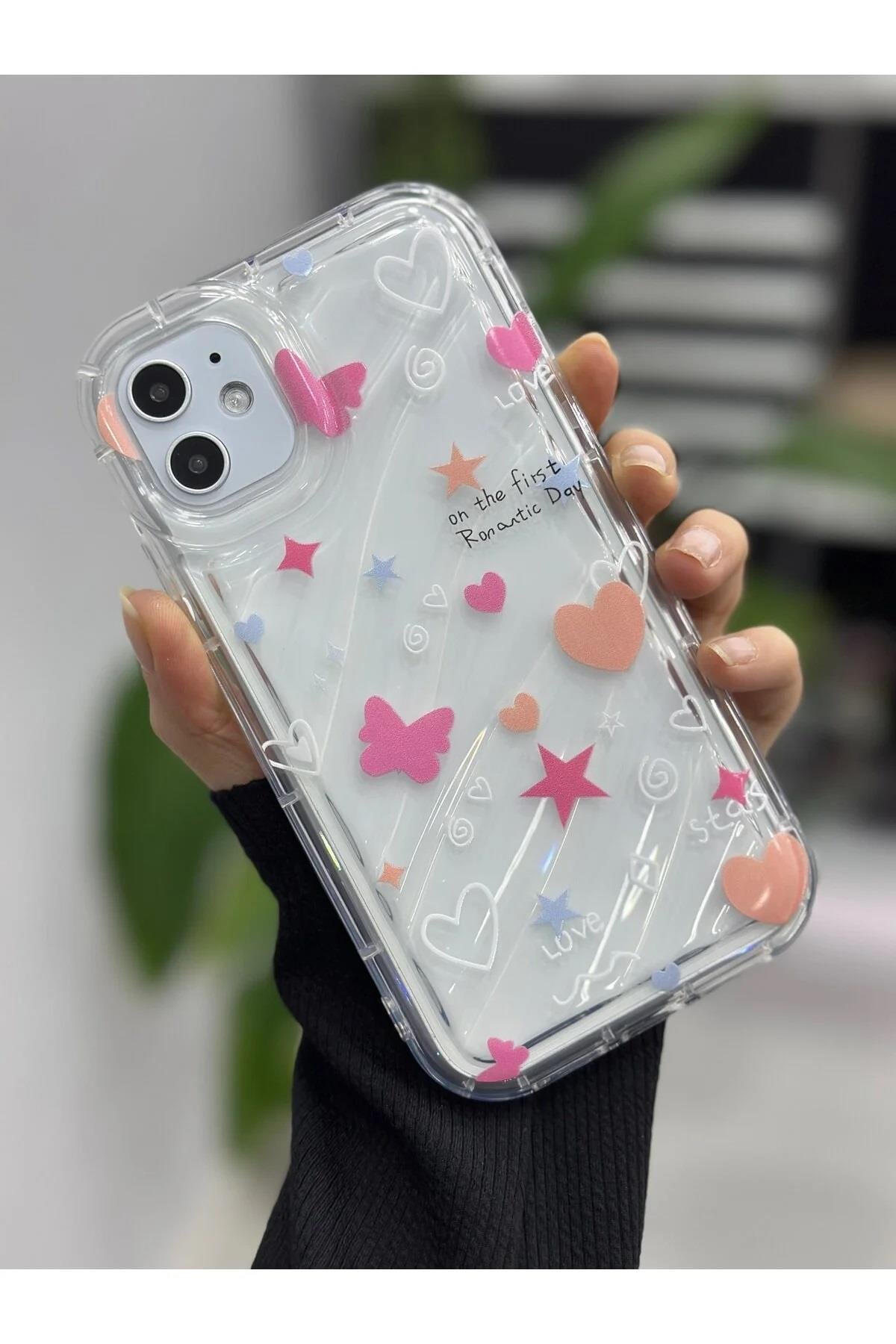  Iphone 11 Uyumlu 3D KABARTMALI Love Stars Baskılı Şeffaf SİLİKON Kılıf