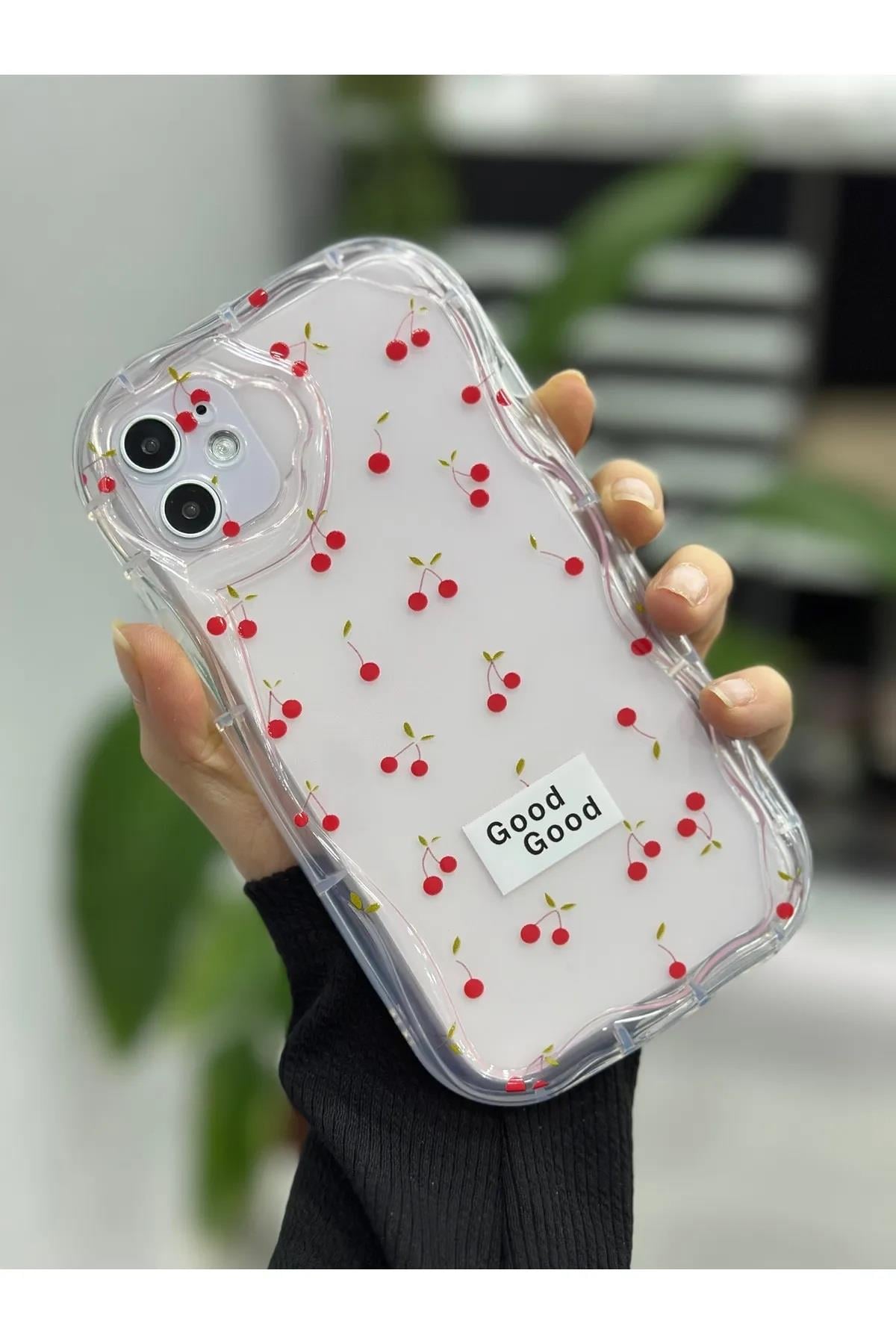  Iphone 11 Uyumlu 3d Kenarları Dalgalı Cherry Baskılı Silikon Kılıf