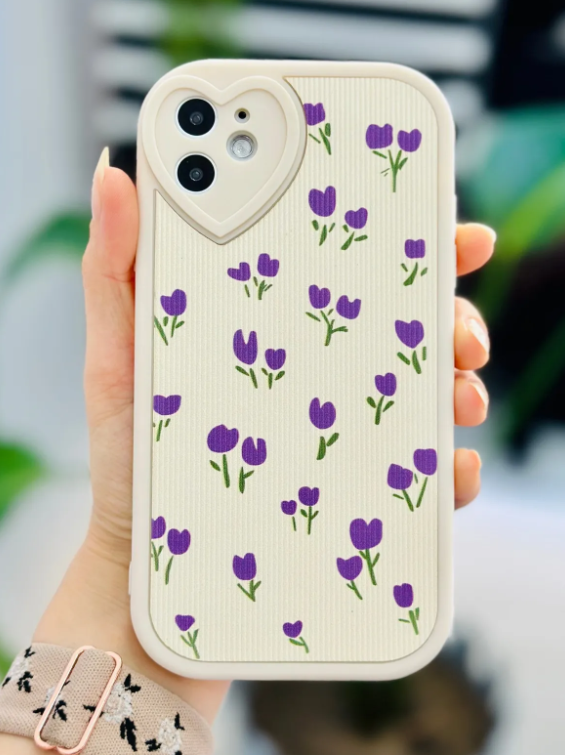  Iphone 11 Uyumlu Kaplama Tasarımlı Mor Lale Baskılı Yumuşak Silikon Kamera Korumalı Kılıf