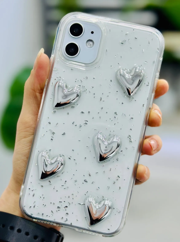  Iphone 11 Uyumlu SİMLİ GÜMÜŞ KALP Tasarımlı Oyuncaklı Esnek Silikon Kılıf
