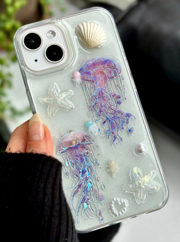  Iphone 13 - 14 - 15 Uyumlu Deniz Anası Tasarımlı Şeffaf Simli Epoksili Telefon Kılıfı