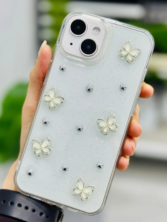  Iphone 14 Plus - 15 Plus Uyumlu İNCİ KELEBEK Tasarımlı Oyuncaklı Silikon Kılıf