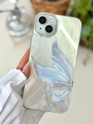  Iphone 14 Plus - 15 Plus Uyumlu Shine Platin Kelebek Renk Geçişli Parlak Tasarımlı Silikon Kılıf
