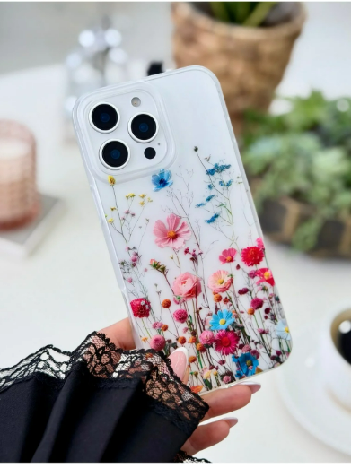  Iphone 14 Promax Uyumlu Parmak İzi Bırakmaz Mat Baskı Büyük Çok Çiçek Şeffaf Kılıf