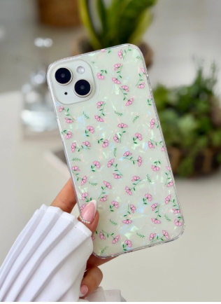  Iphone 15 - 14 - 13 Uyumlu 2in1 Çiçek Hologramlı Parlak Tasarımlı Silikon Kılıf