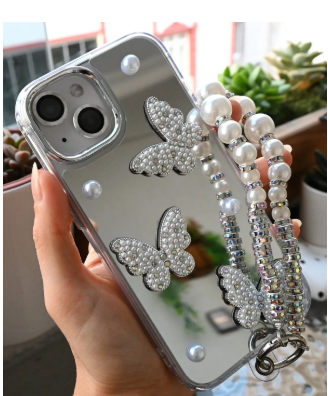  Iphone 15 - 14 - 13 Uyumlu Aynalı Charm Kelebek Model Silikon Kılıf