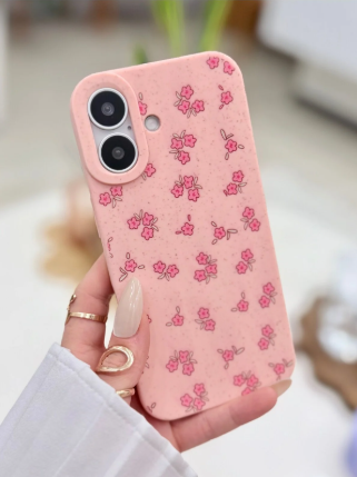  Iphone 16 Uyumlu Baskı Mini Pembe Çiçek Tasarımlı Esnek Koruyucu Silikon Kılıf