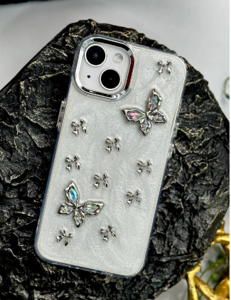 Apple Iphone 13 - 14 - 15 Uyumlu Sedefli Metal Kelebek Epoksili Silikon Telefon Kılıfı