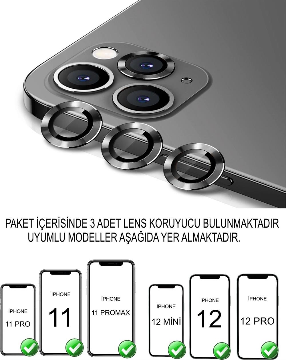 Iphone 11 - 11 PRO - 11 PROMAX - 12 MİNİ - 12 - 12 PRO  Birebir Uyumlu 3 LÜ Kamera Lens Koruyucu Cam