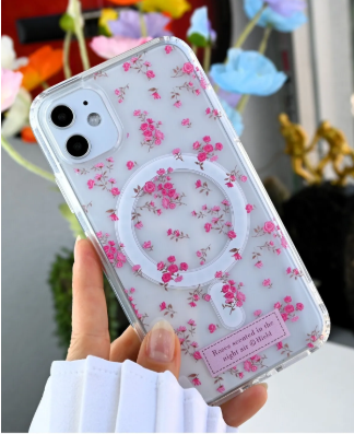 Iphone 11 Uyumlu Simli Çiçekli Gerçek MAGSAFE Özellikli Darbe Önleyici Şeffaf Silikon Kılıf