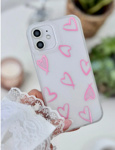 Iphone 12 ve 12 Pro Uyumlu Mat Baskı PEMBE KALP Parmak İzi Bırakmaz Şeffaf Kılıf