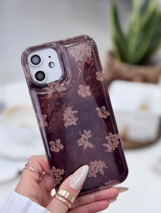 İphone 12 Ve 12 Pro Uyumlu Renk Geçişli Shine Kahve Çiçek Tasarım Kılıf
