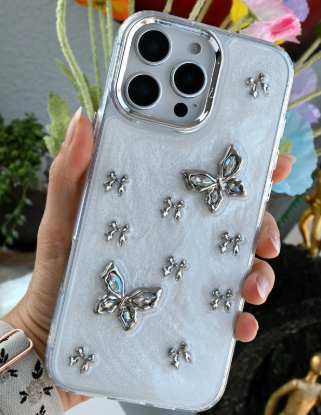 Iphone 14 Promax Uyumlu 3d Metal Kelebek Tasarımlı Epoksili Oyuncaklı Kılıf