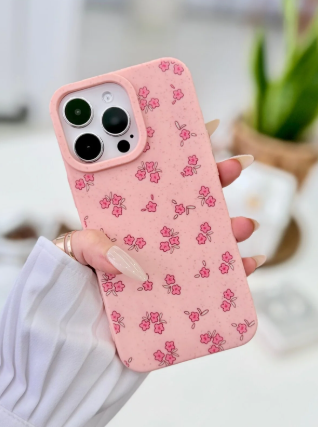 Iphone 14 Promax Uyumlu Baskı Mini Pembe Çiçek Tasarımlı Esnek Silikon Koruyucu Kılıf