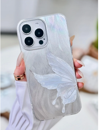 Iphone 14 Promax Uyumlu Shine Platin Kelebek Baskı Renk Geçişli Tasarımlı Silikon Kılıf