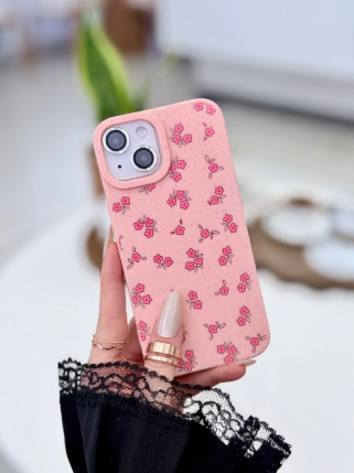 Iphone 15 - 14 - 13 Uyumlu Mİni Pembe Çiçek Baskı Desenli Darbe Önleyici Esnek Silikon Kılıf