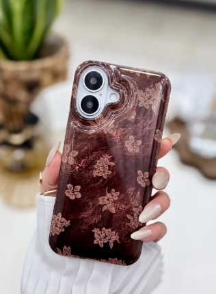 Iphone 16 Uyumlu Shine Kahve Çiçek Baskılı Renk Geçişli Tasarımlı Silikon Kılıf