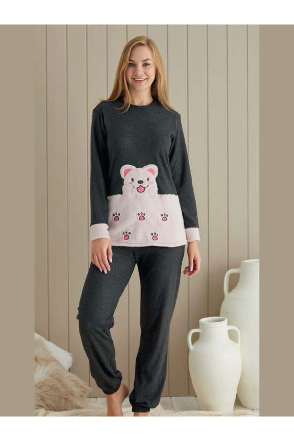 Antrasit Renginde Büyük Köpek Patch Nakışlı Kadın Pijama Takımı