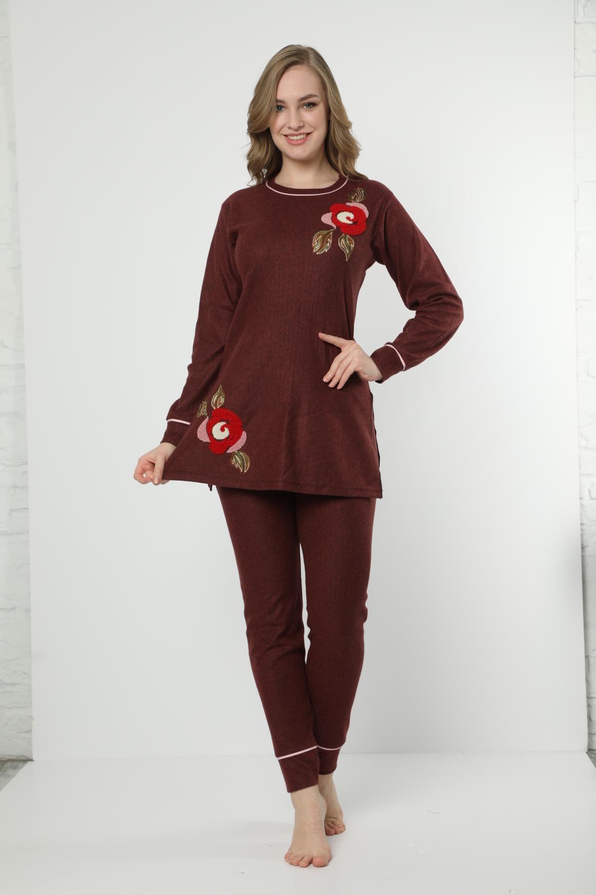 Bordo Renginde Kırmızı Çiçek Nakışlı Uzun Kollu Pijama Takımı
