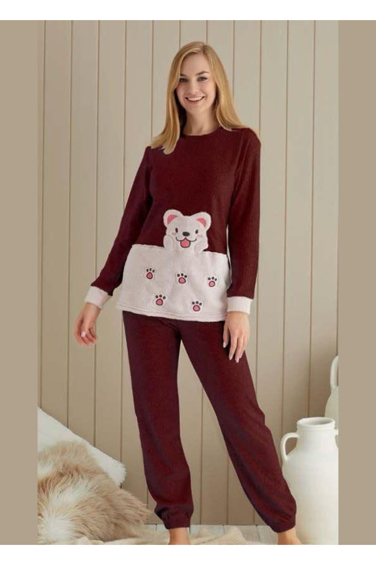 Bordo Renginde Köpek Patch Nakışlı Kadın Pijama Takımı