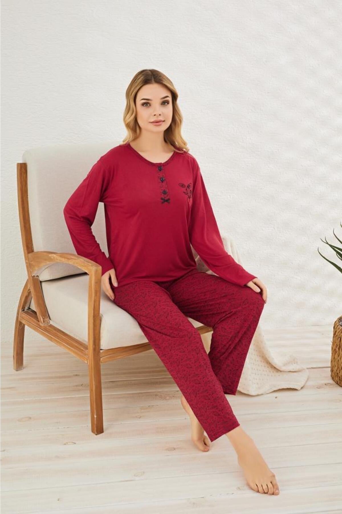 Bordo Yaprak Desenli Uzun Kol Uzun Paça Pantolon Pijama Takımı