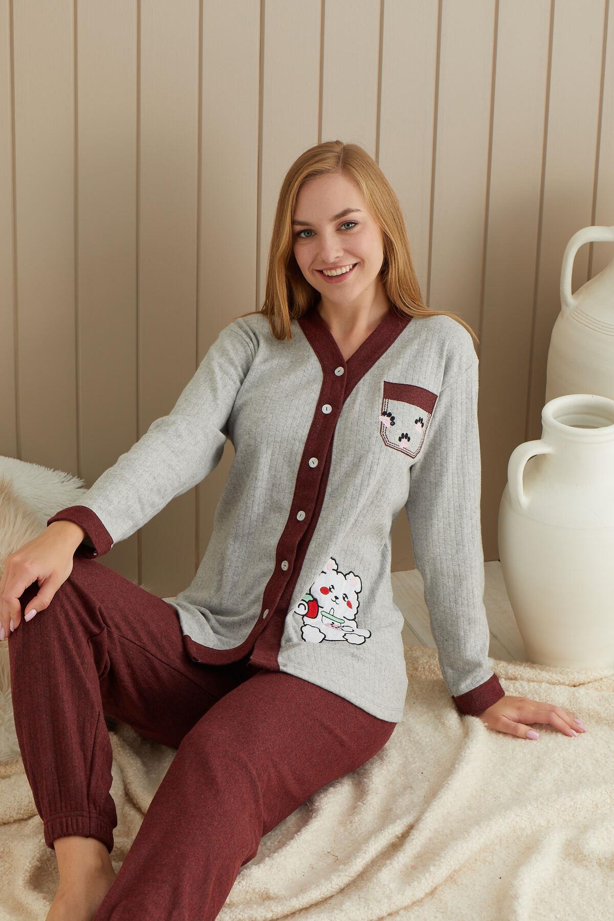Gri Bordo Renginde Ayıcık Nakışlı Uzun Kollu Önden Düğmeli Kadın Pijama Takımı