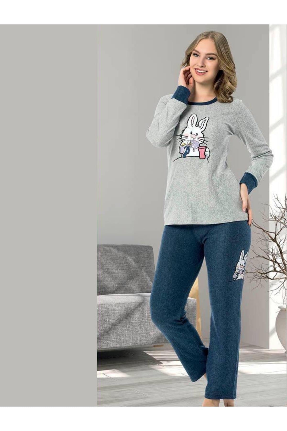 Gri Lacivert Renginde Uzun Kollu Tavşan Nakışlı Kadın Pijama Takımı