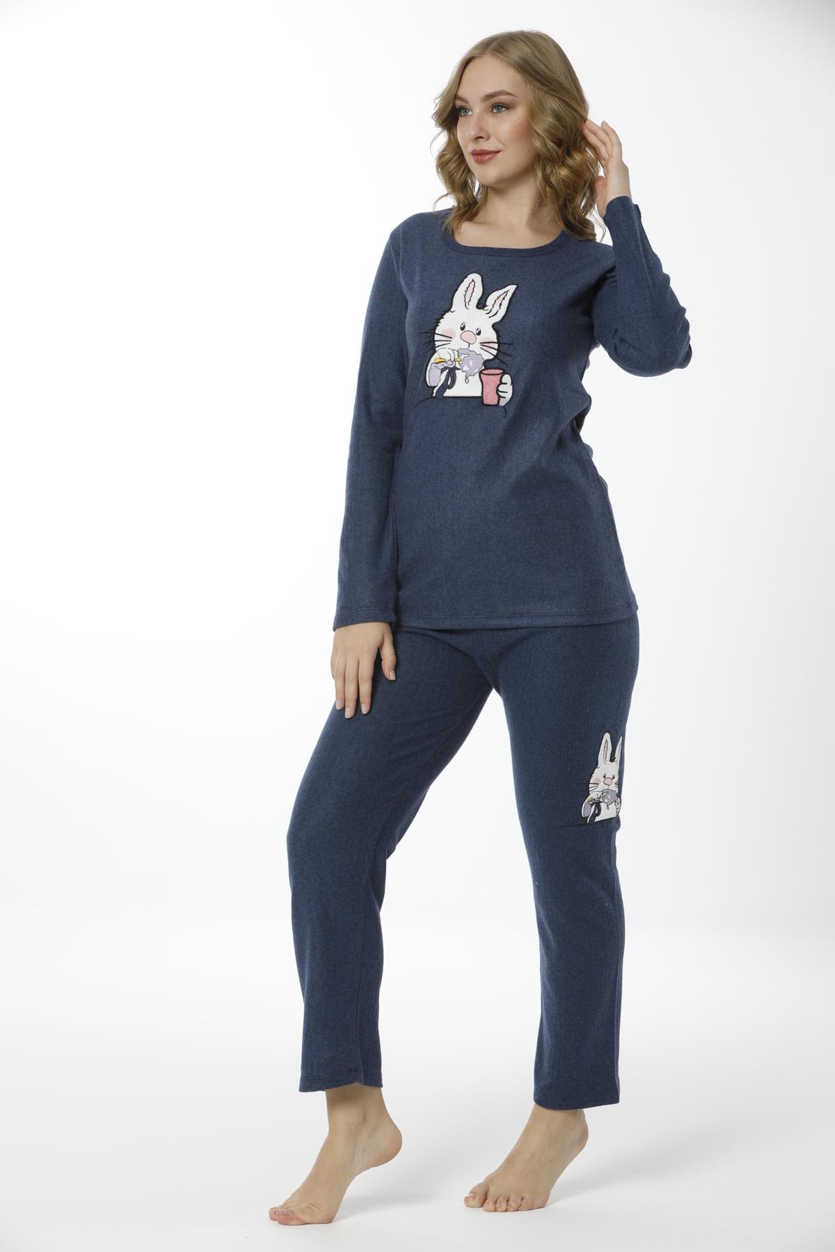 Lacivert Renginde Tavşan Nakışlı Uzun Kollu Kadın Pijama Takımı