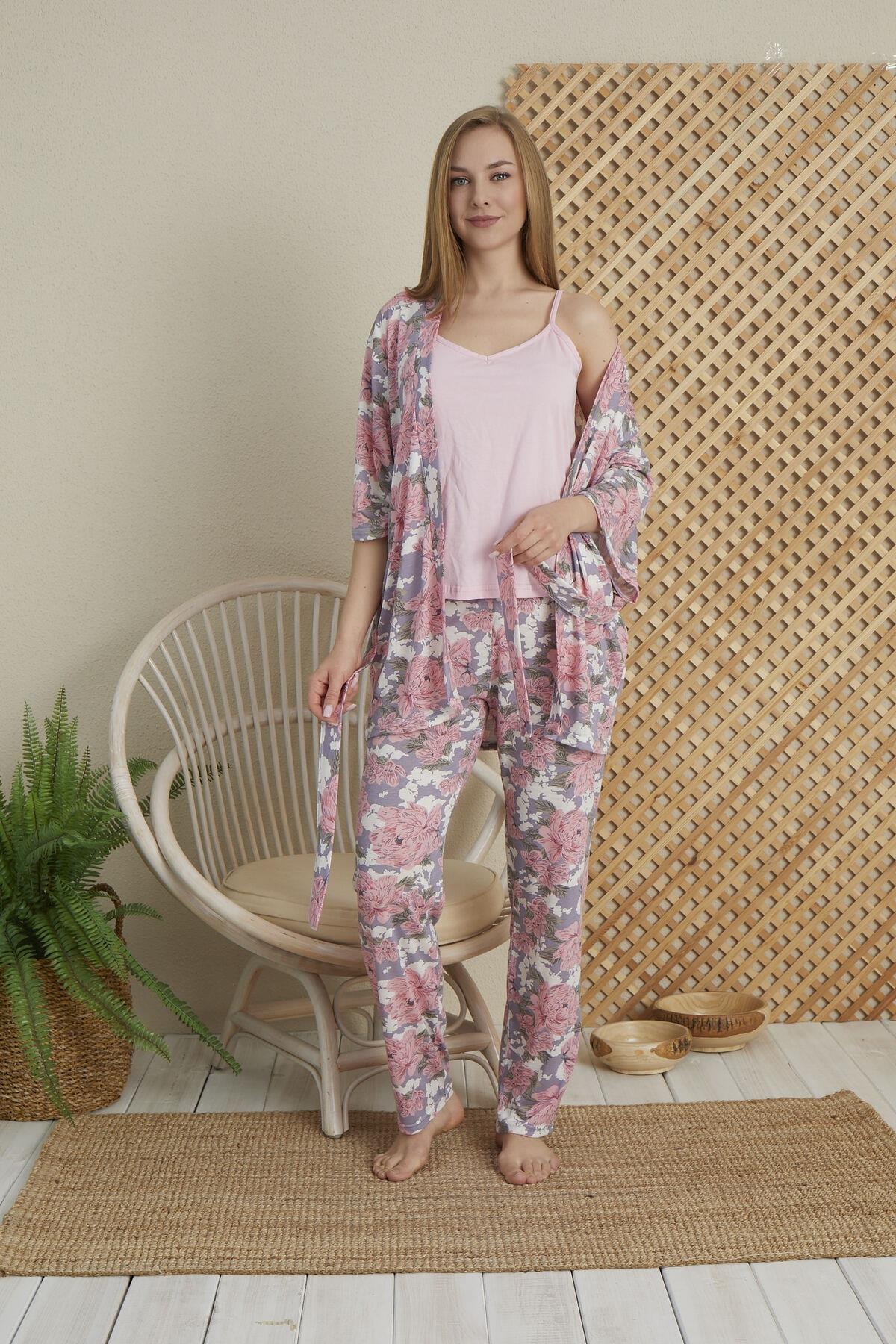 Pembe Renkli Pembe Büyük Çiçek Baskılı 3 lü sabahlıklı Pijama Takımı