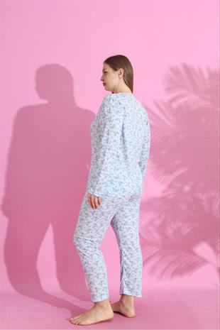 Açık Mavi Renginde Dantel Yaka Küçük Çiçek Desenli Uzun Kollu Pijama Takımı