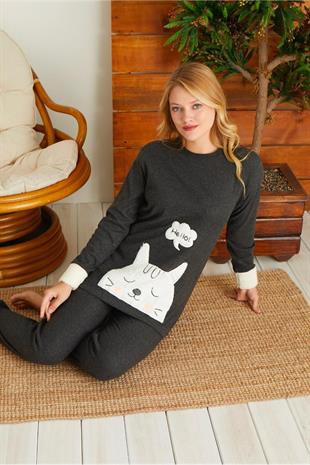 Antrasit Renginde Büyük Kedi Patch Nakışlı Kadın Pijama Takımı