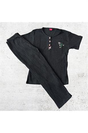 Antrasit Renginde Pembe Düğmeli Pijama Takımı