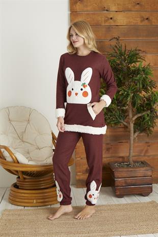 Bordo Renginde Büyük Tavşan Patch Nakışlı Cepli Uzun Kollu Pijama Takımı