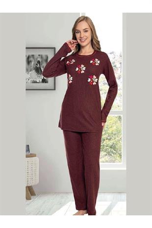 Bordo Renginde Çiçek Patch Nakışlı Kadın Pijama Takımı