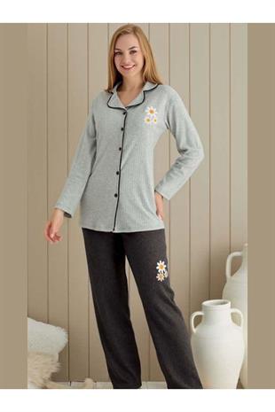 Gri Antrasit Renginde Papatya Patch Nakışlı Kadın Pijama Takımı