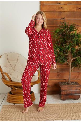 Koyu Kırmızı Renginde Küçük Çiçek Desenli Uzun Kollu Gömlek Pijama Takımı