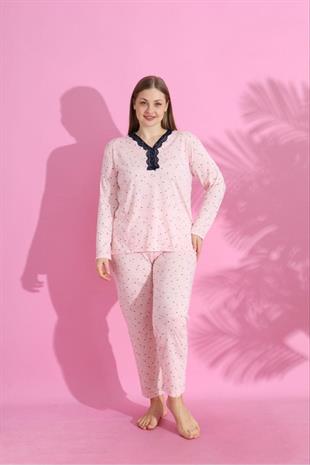 Pudra Renginde Dantel Yaka Küçük Çiçek Desenli Uzun Kollu Pijama Takımı