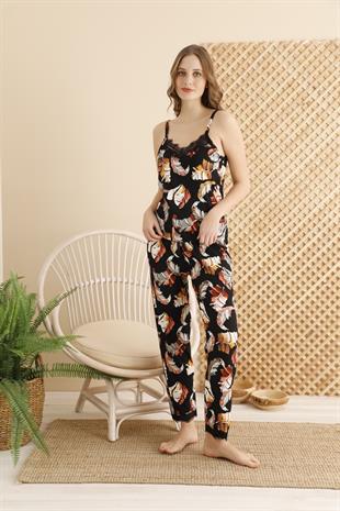 Siyah Yaprak Desenli Ip Askılı Pijama Takımı