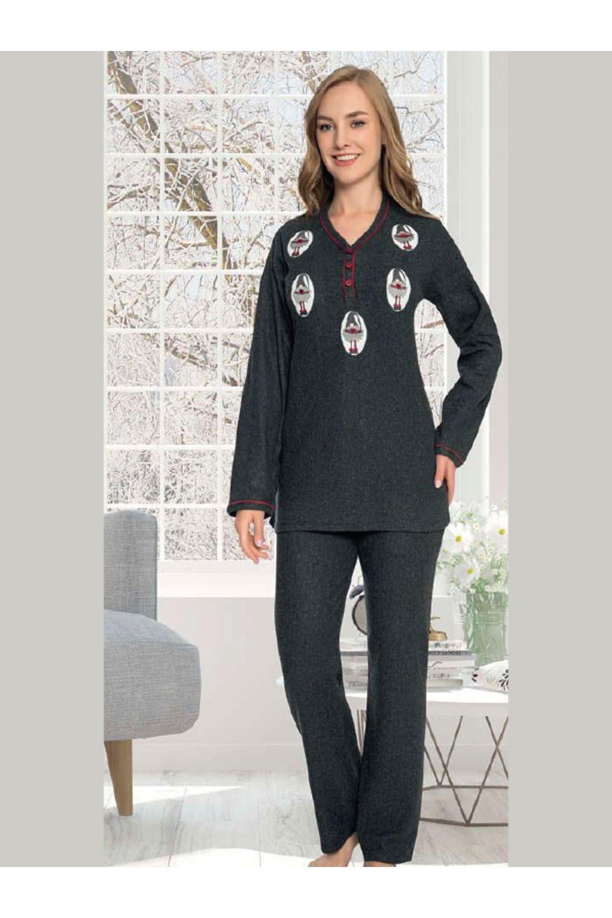 Antrasit Renginde Yılbaşı Patch Nakışlı Kadın Pijama Takımı