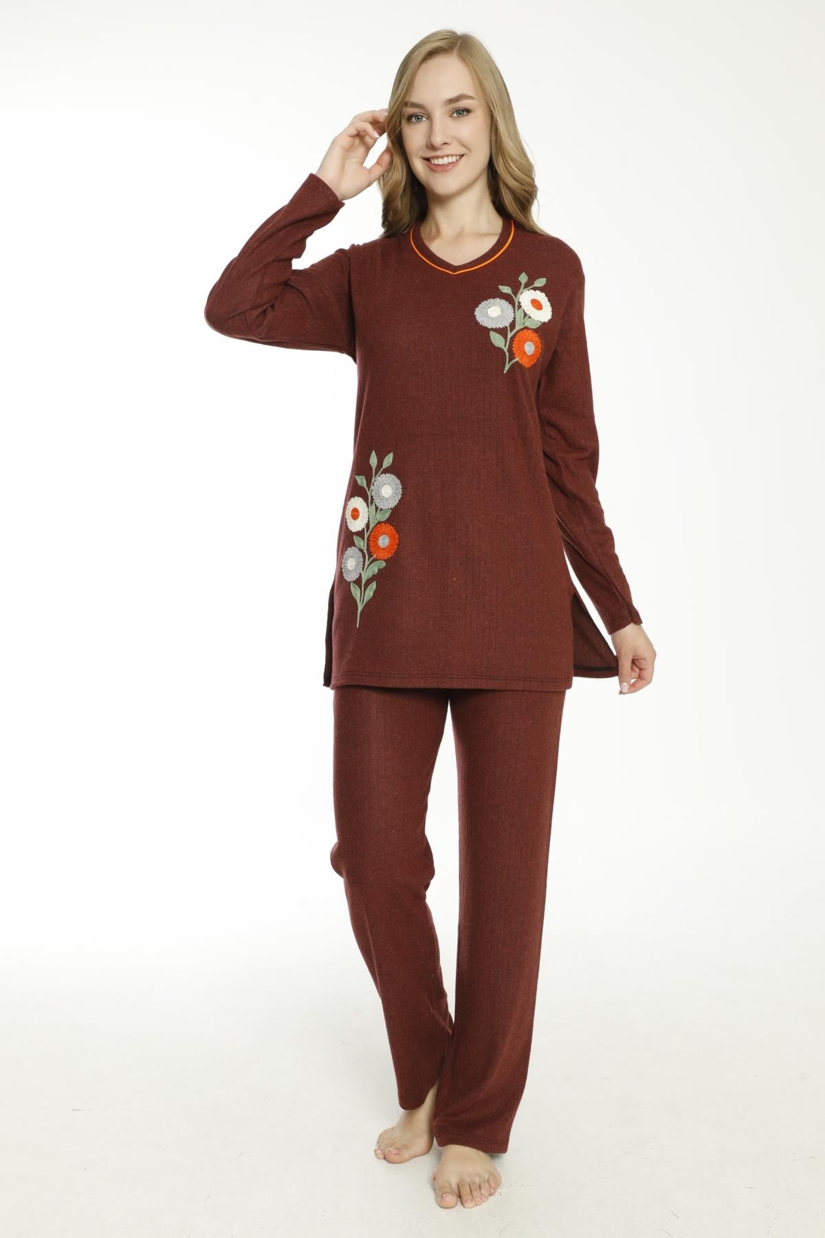 Bordo Renginde Çiçek Nakışlı Uzun Kollu Pijama Takımı