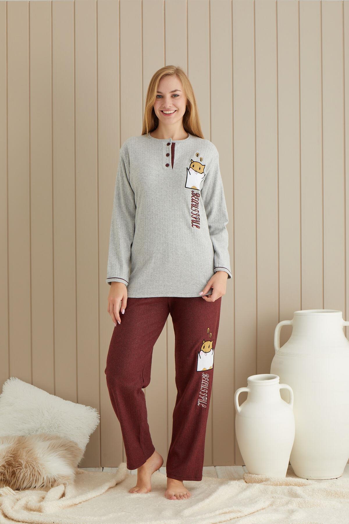 Gri-Bordo Renginde Yastık Patchlı Önden Düğmeli Uzun Kollu Pijama Takımı