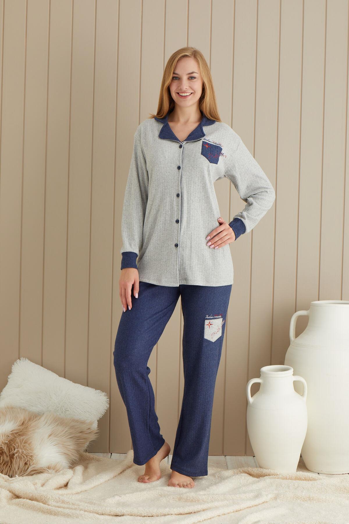 Gri Lacivert Renginde Cep Desenli Önden Düğmeli Uzun Kollu Pijama Takımı