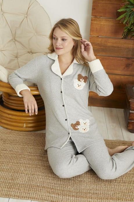 Gri Renginde Ayıcık Patch Nakışlı Önden Düğmeli Uzun Kollu Pijama Takımı