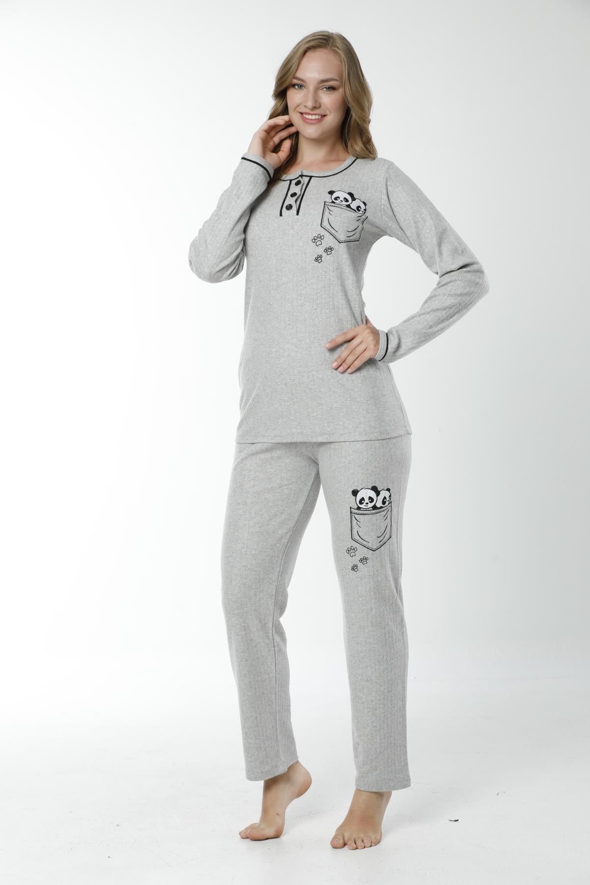 Gri Renginde Panda Nakışlı Uzun Kollu Kadın Pijama Takımı