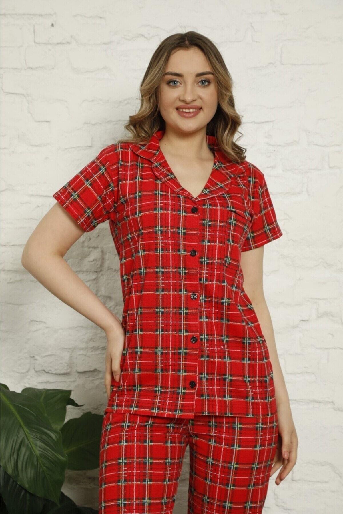 Kırmızı Renginde Önden Düğmeli Pötikareli Pijama Takımı