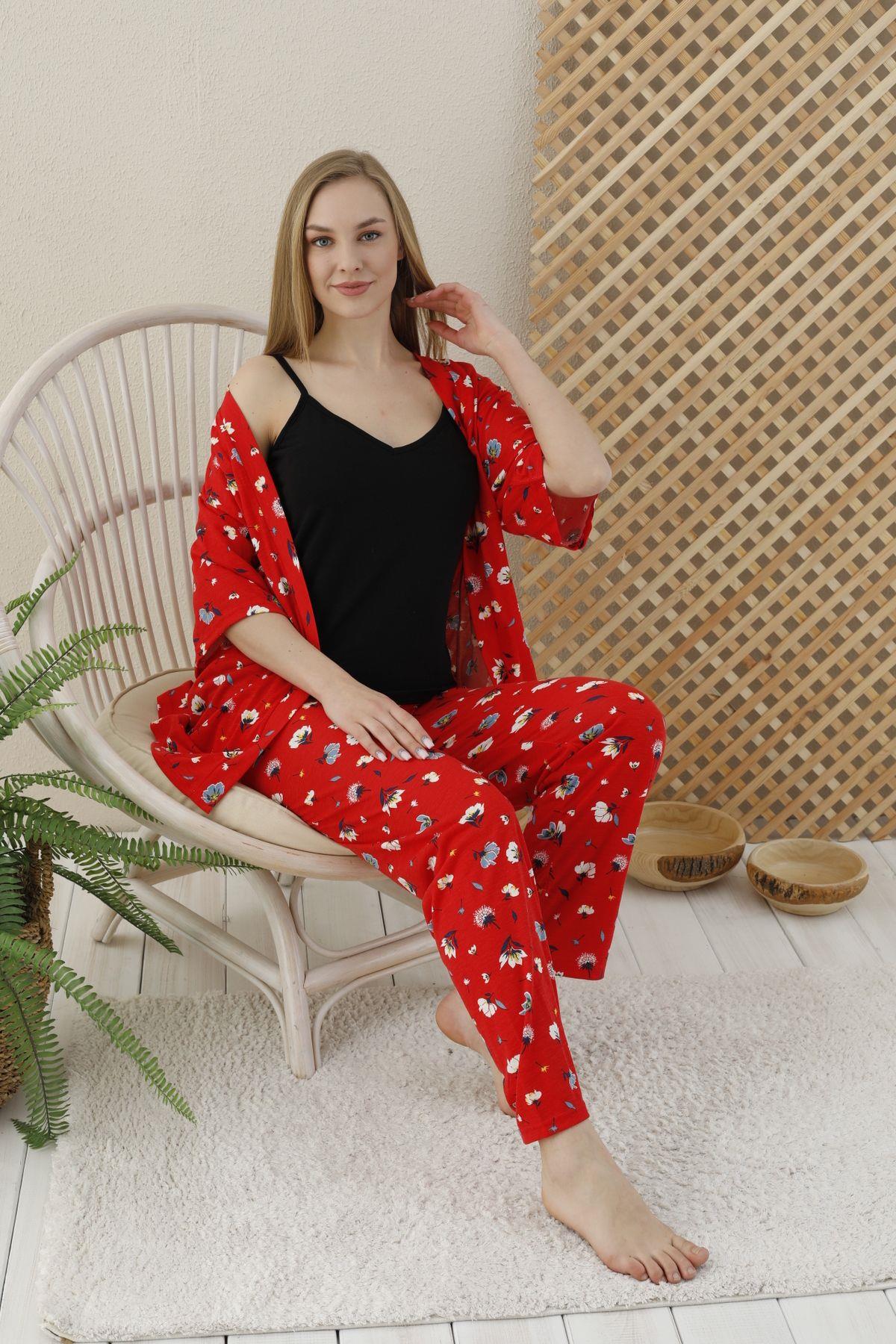 Kırmızı Renkli Küçük Çiçek Baskılı 3 lü Sabahlıklı Pijama Takımı